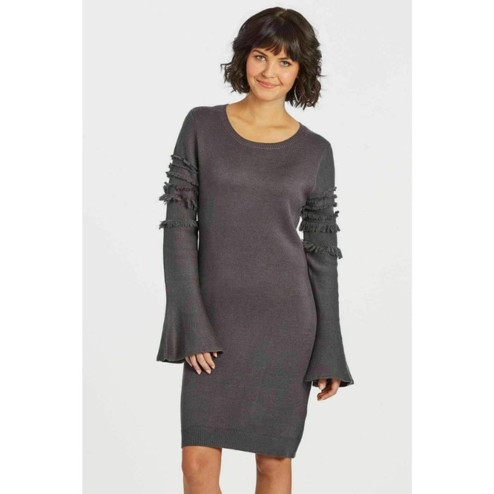 Stitches & Stripes Evereve | Grey Bell Sleeve Fringe Detail Sweater Dress